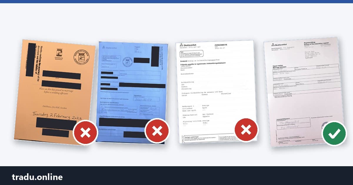 Four Swedish marriage papers: the municipal keepsake, SKV 7887 and a personbevis are rejected; Registerutdrag – vigsel SKV 7693 is accepted