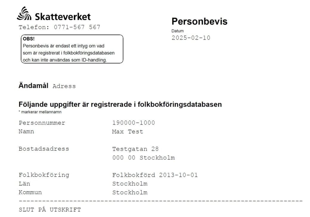 Skatteverket demonstration sample of a personbevis with the purpose “Adress”, fictitious person Max Test — shows only the registered address