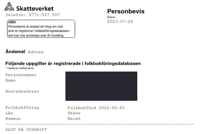 A real personbevis with the purpose “Adress”, printed from the Skatteverket e-service, bearing the line SLUT PÅ UTSKRIFT and no stamp