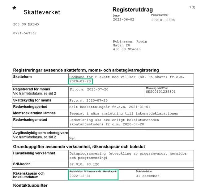 Skatteverket sample of a tax Registerutdrag for F-skatt and VAT — an extract from the tax register, unrelated to civil status