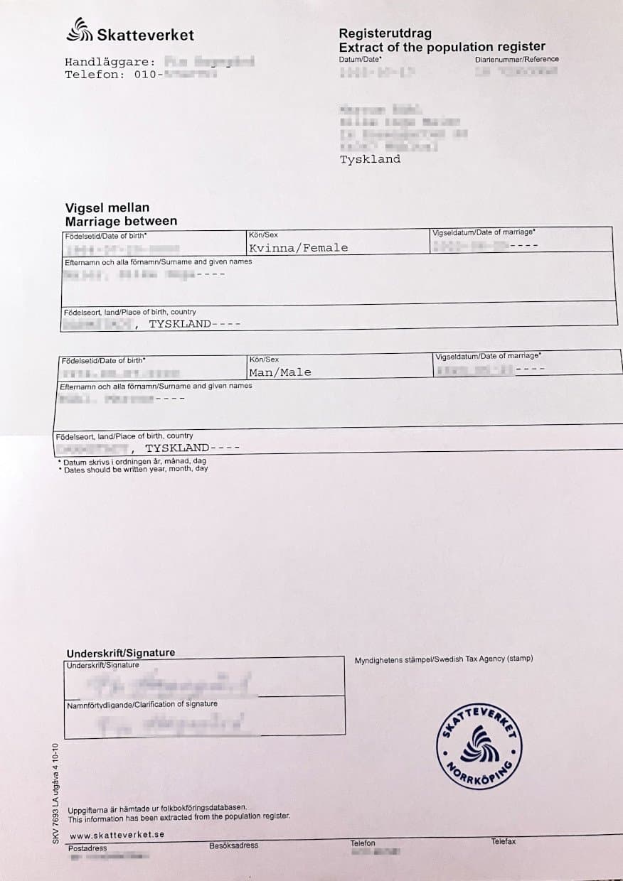 Registerutdrag – vigsel, form SKV 7693, a bilingual Swedish-English extract about the marriage, with the round Skatteverket Norrköping stamp — the correct document