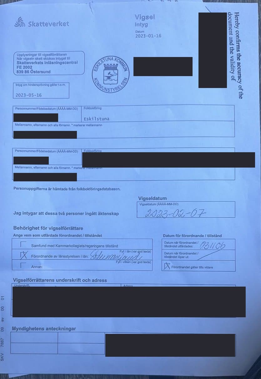 Skatteverket form SKV 7887 “Vigsel – Intyg”, filled in by hand by the marriage officiant — a request to register the marriage, not a certificate
